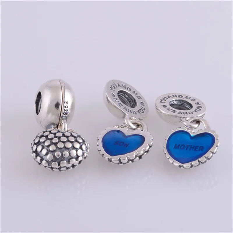 Mother & Son Heart Pendant Silver Charms 925 Sterling Silver