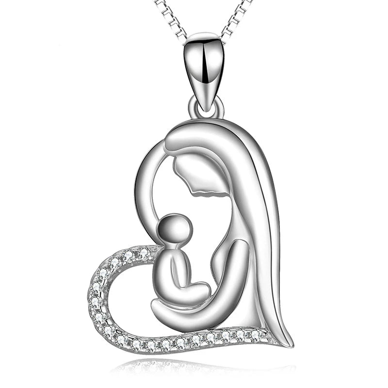 Mother & Child Pendant Heart-Shaped Silver Necklace - Mother's Gift