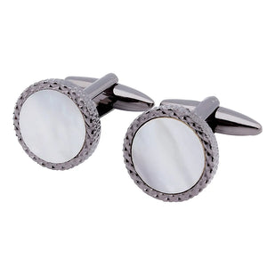 Mother of Pearl Cufflinks Gun Metal Plated Round Cuff links