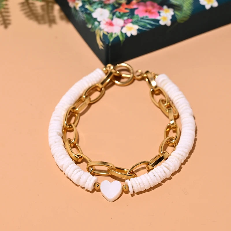 Mother of Pearl Heart Bracelet Stainless Steel Double Layers Charm Wrist