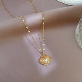 Mother of Pearl Shell Necklace Zircon Pendant Stainless Steel Wedding Jewelry