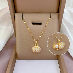 Mother of Pearl Shell Necklace Zircon Pendant Stainless Steel Wedding Jewelry