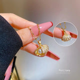 Mother of Pearl Shell Necklace Zircon Pendant Stainless Steel Wedding Jewelry