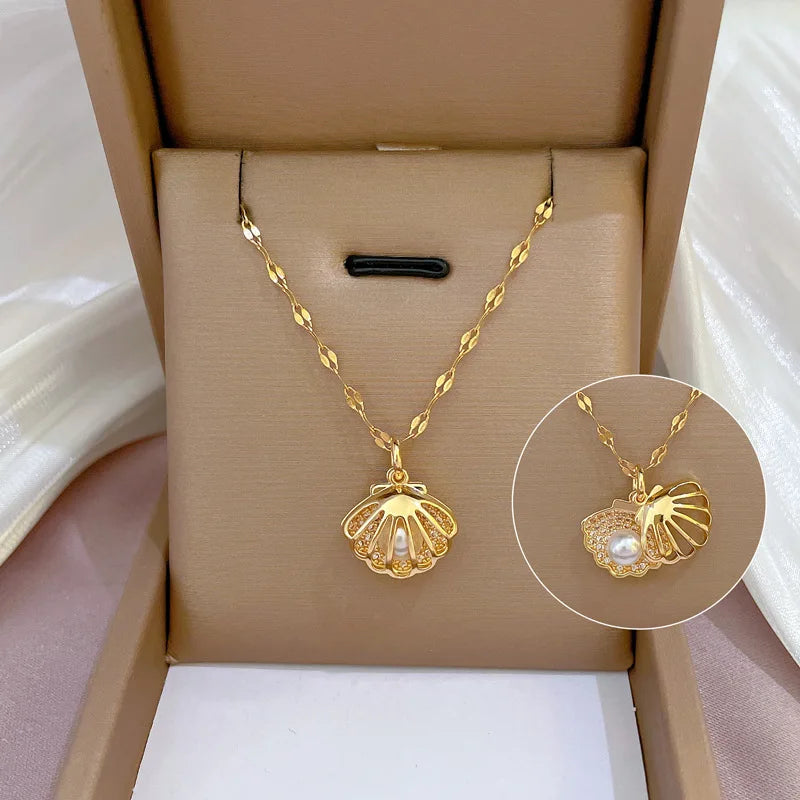 Mother of Pearl Shell Necklace Zircon Pendant Stainless Steel Wedding Jewelry
