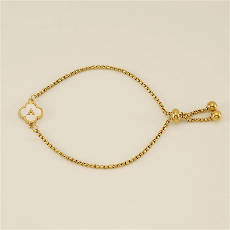 Mom of Pearls Letter Bracelet Stainless Steel A-Z Clover Women Gift