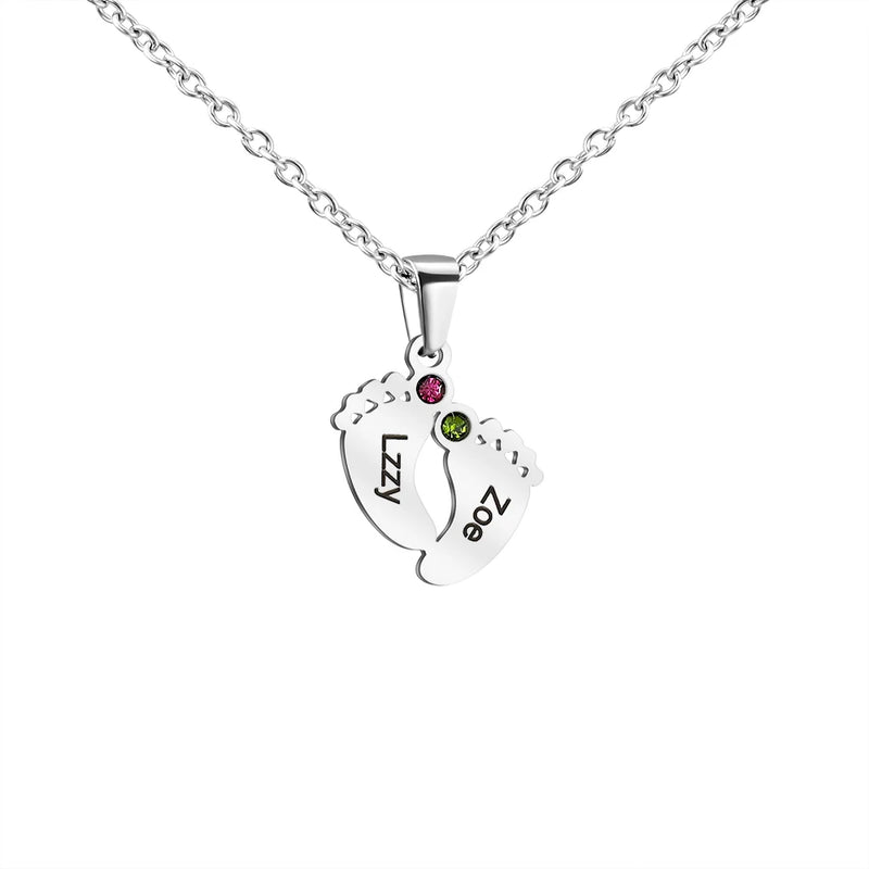 Mother's Gift Baby Feet Birthstone Pendant Necklace Engraving Names