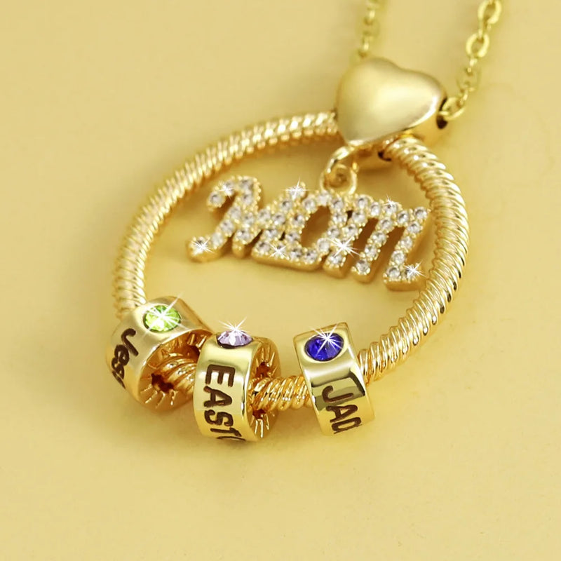 Custom Name Necklace with 12 Birthday Stone and Diamond Mom Bead