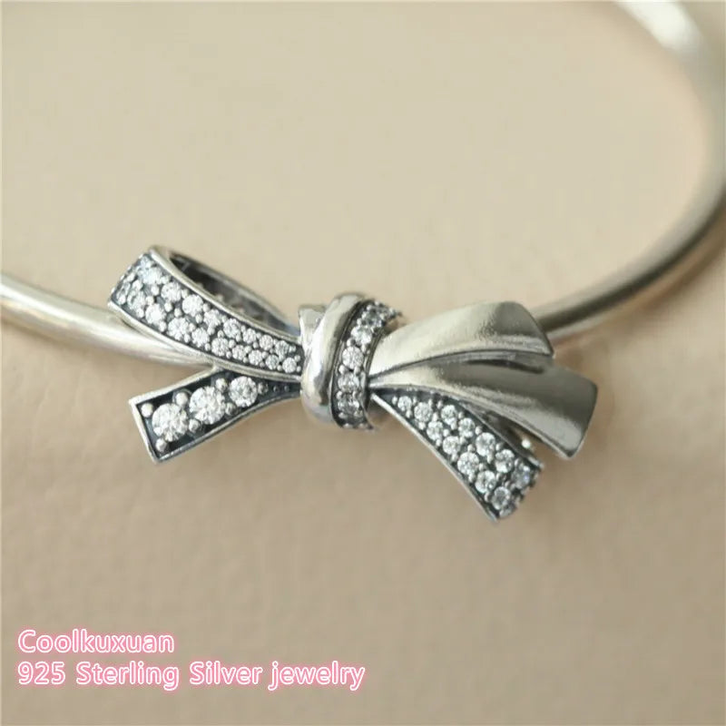 925 Silver Bow Charm, Clear CZ Beads for Bracelet DIY Jewelry