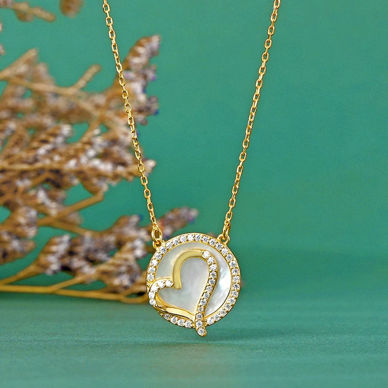 Zircon Circle Pendant Necklace 925 Sterling Silver 18K Plated CZ Heart