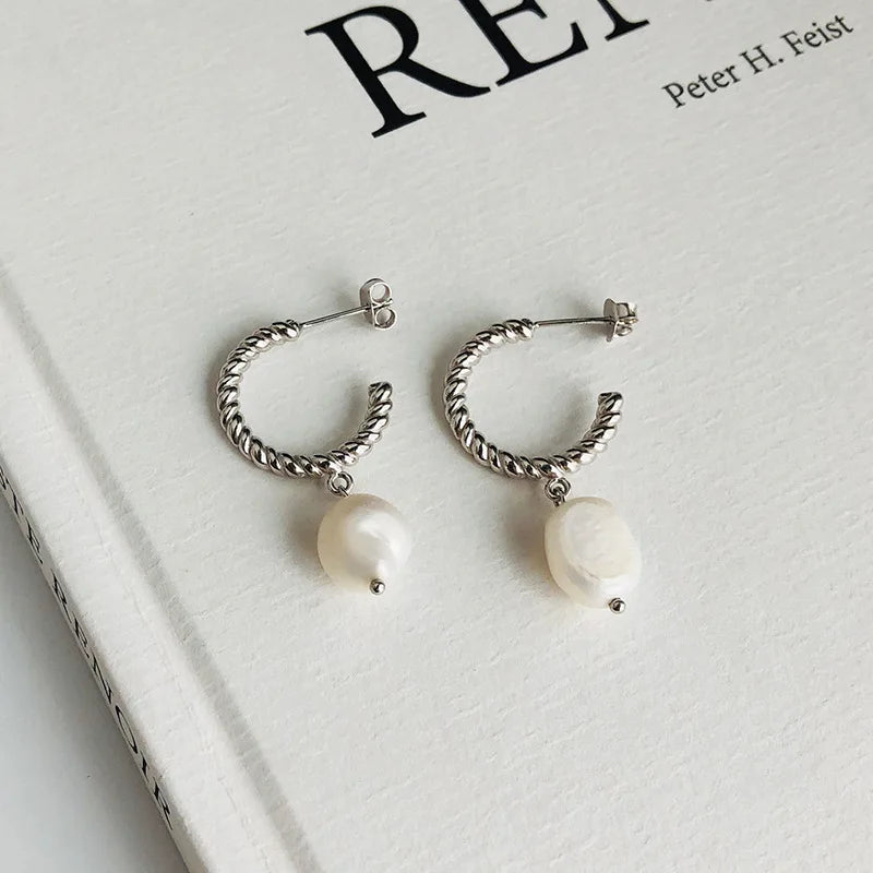 18K 925 Silver Braid Roped Circle &Pearl Stud Earrings TLE2159