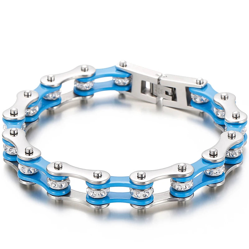Motorcycle Chain Bracelet Two-Tone Steel CZ Crystals Rock Roll Style