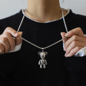 Violent Bear Pendant Necklace Titanium Steel HipHop Punk Sweater Chain
