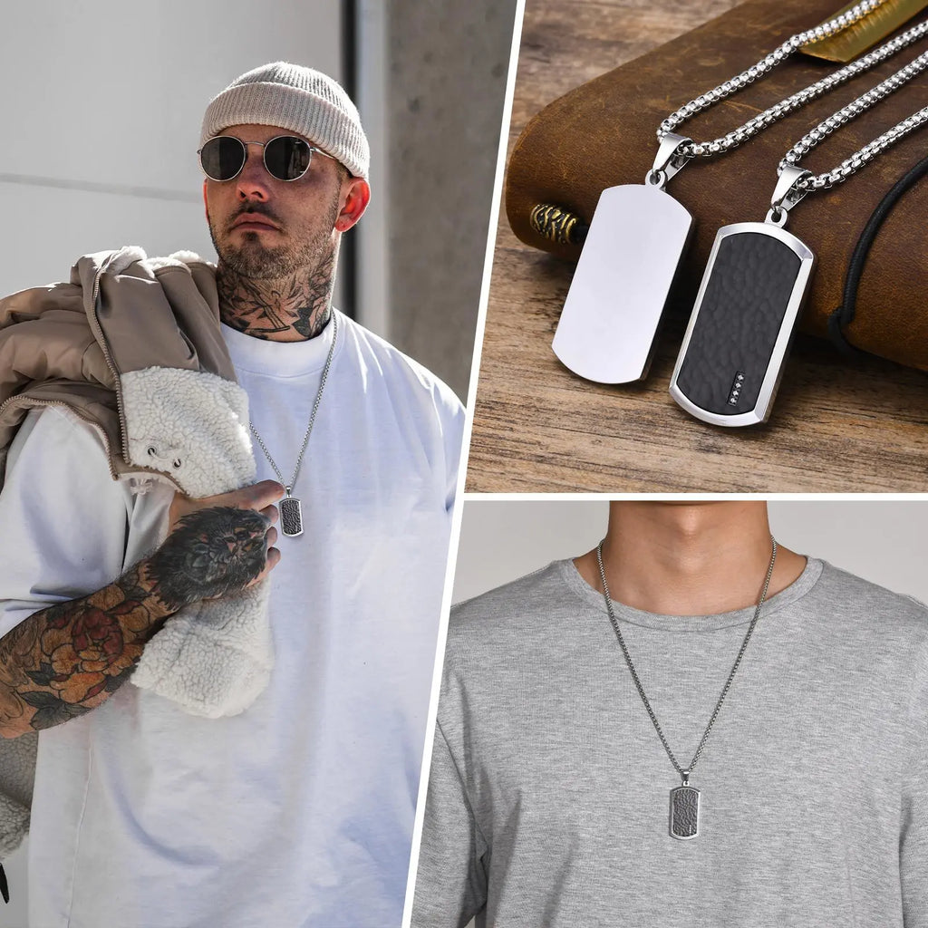 Mprainbow Men Hammered Dog Tag Necklace Stainless Steel Square Collar