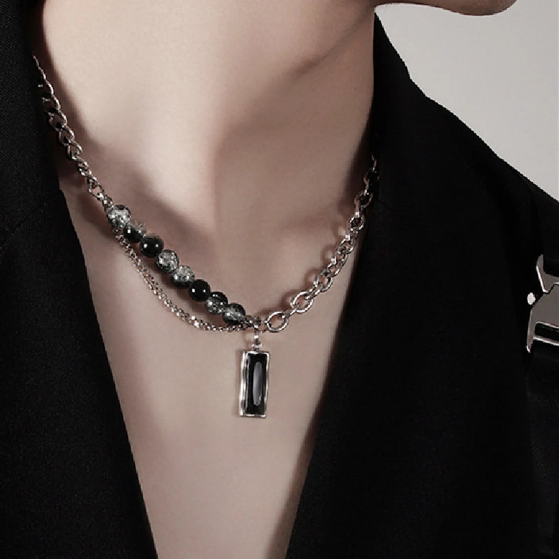 Mprainbow Men Stone Choker Necklaces Double Layers Chain Collar
