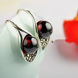 925 Silver Ball Garnet Earrings, Elegant Women's Jewelry