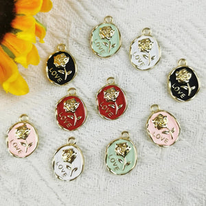 10pcs Love Rose Enamel Charms Earrings Metal Flower Pendant DIY Jewelry