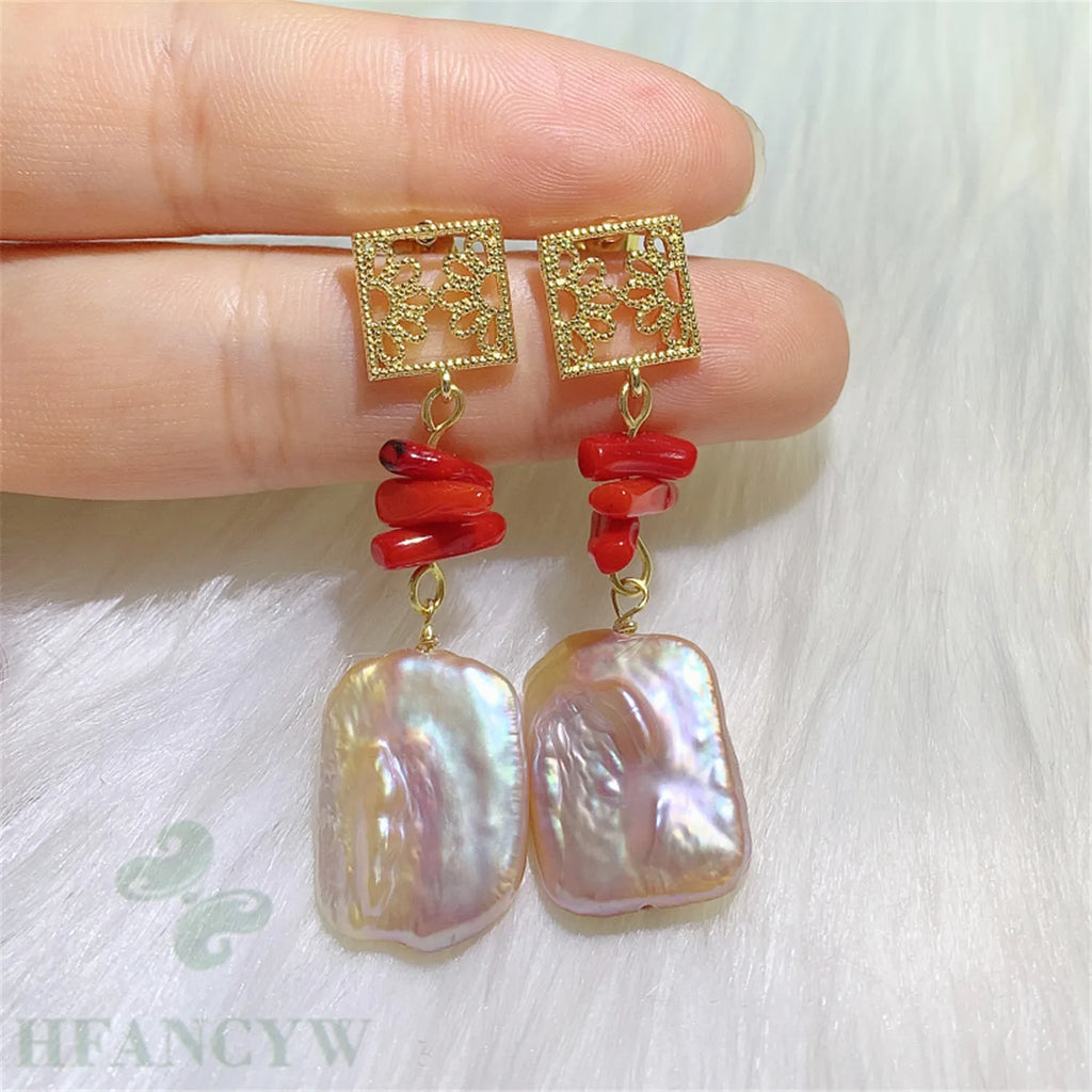 Colorful Baroque Pearl Long Earrings 18k Ear Studs for Women