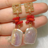 Colorful Baroque Pearl Long Earrings 18k Ear Studs for Women