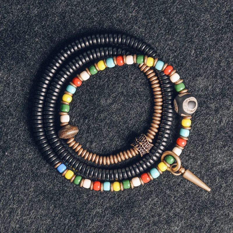 Ebony Beaded Tibetan Dzi Bracelet Copper Charm Vajar Chakra Healing