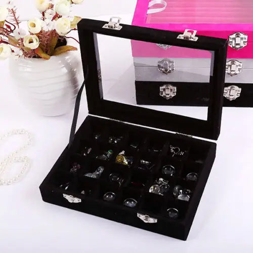 24 Grid Velvet Glass Jewelry Ring Display Organizer Box Earrings Storage Case