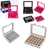 24 Grid Velvet Glass Jewelry Ring Display Organizer Box Earrings Storage Case