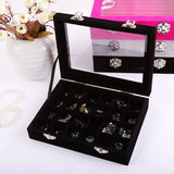24 Grid Velvet Glass Jewelry Ring Display Organizer Box Earrings Storage Case