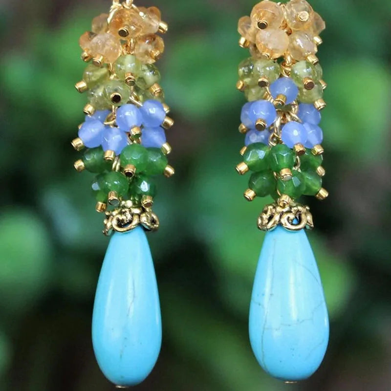 Gemstone Cluster Earring Blue Turquoise Citrine Peridot Aqua Emerald Jade
