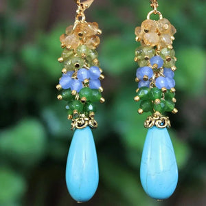 Gemstone Cluster Earring Blue Turquoise Citrine Peridot Aqua Emerald Jade