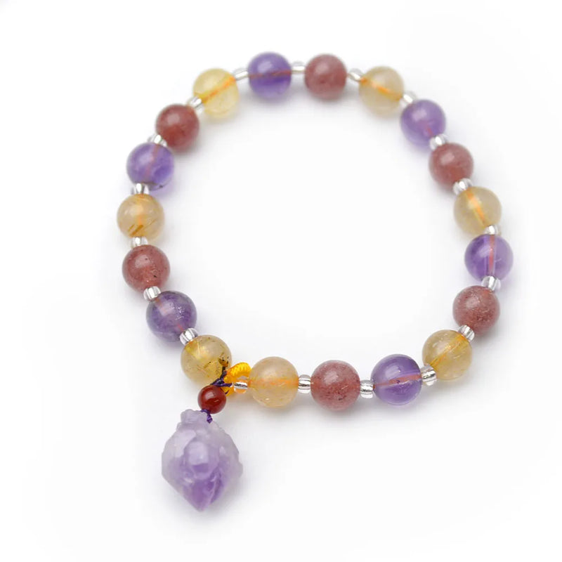 Amethyst Strawberry Quartz Rutilated Quartz Stone Charm Bracelet