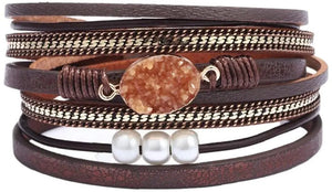 Multi-Layer Bracelet Leather Wrap Wrist Chain Magnetic Clasp Brown