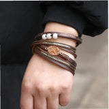 Multi-Layer Bracelet Leather Wrap Wrist Chain Magnetic Clasp Brown