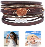 Multi-Layer Bracelet Leather Wrap Wrist Chain Magnetic Clasp Brown