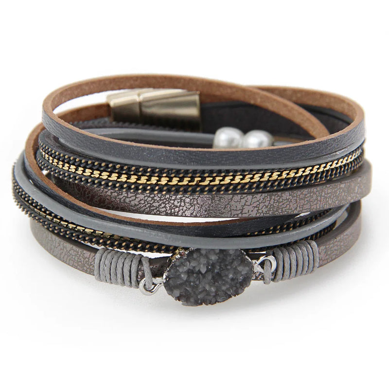 Multi-Layer Bracelet Leather Wrap Wrist Chain Magnetic Clasp Brown