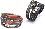 Multi-Layer Bracelet Leather Wrap Wrist Chain Magnetic Clasp Brown