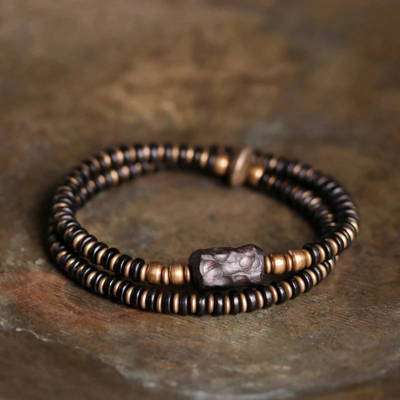 Wood Carved Bracelet Ebony Spacer Old Copper Unisex Jewelry
