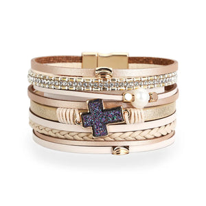 Boho Leather Wrap Bracelet with Crystal Beads