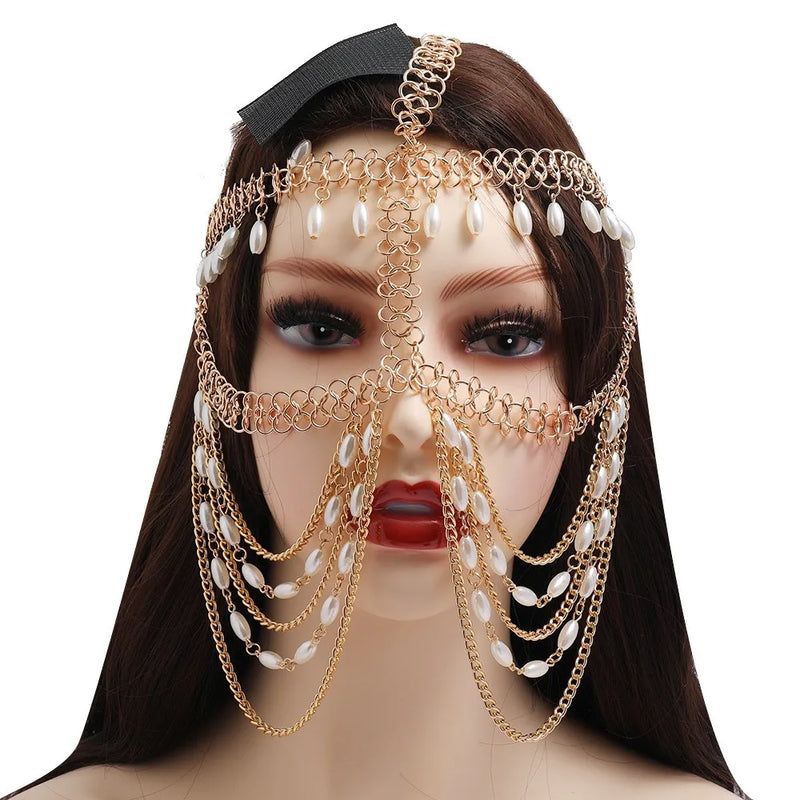 Pearl Tassel Head Chain Face Cover Hair Jewelry for Women
