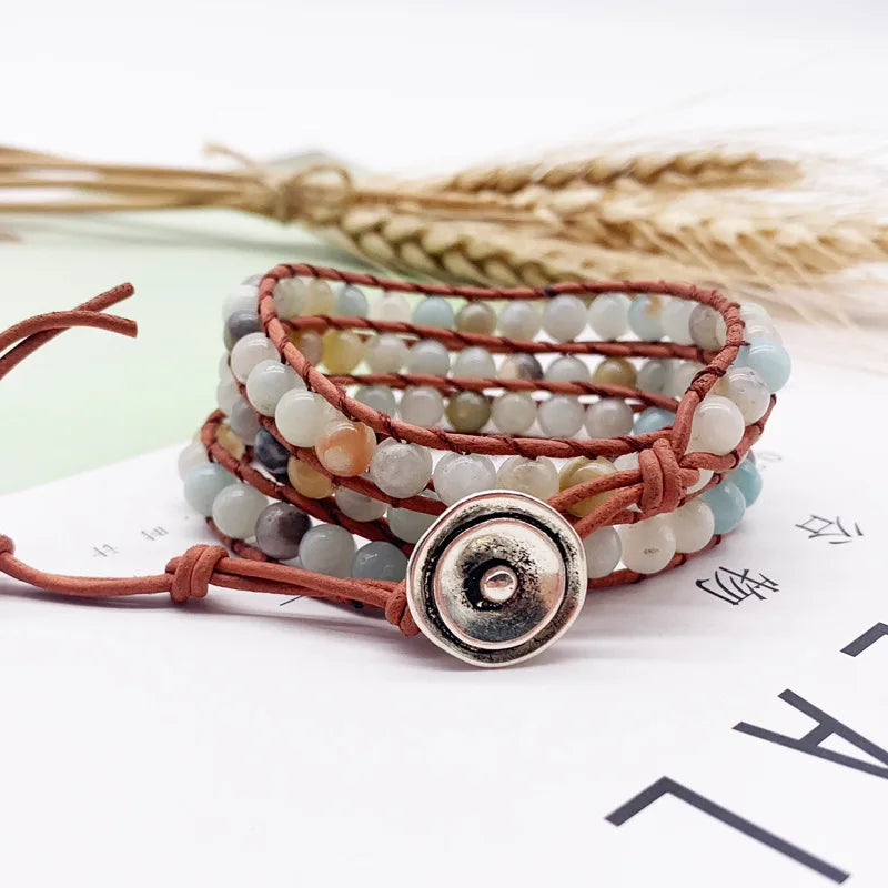 Layer Winding Bracelet Stone Beaded Circle Leather Rope Bracelet