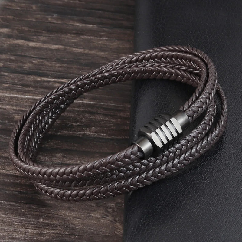 Vintage Cowhide Bracelet for Men Stainless Steel Retro Braided Jewelry