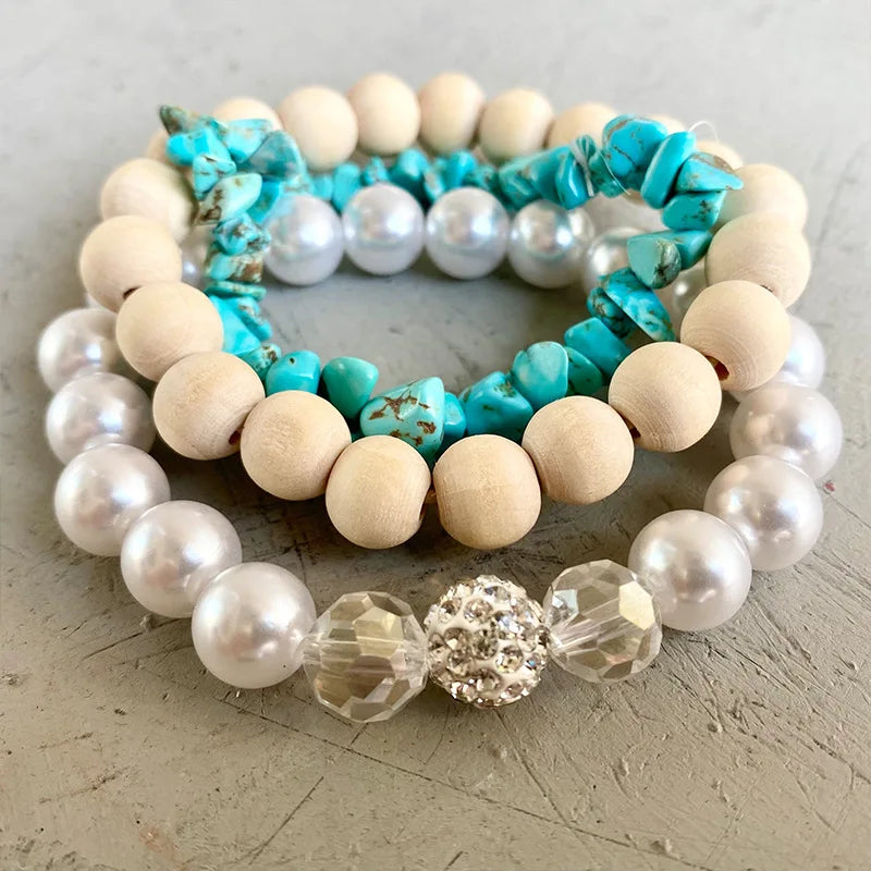 Layered Crystal Pearl Wood Beads Stone Bracelet BOHO Ethnic Style