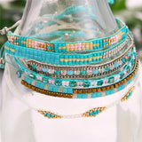 Multi-Media Turquoise + Crystal Beads Woven Bracelet Set of 3 - Bohemian Jewelry