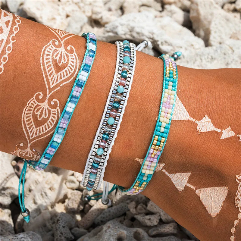 Multi-Media Turquoise + Crystal Beads Woven Bracelet Set of 3 - Bohemian Jewelry