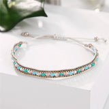 Multi-Media Turquoise + Crystal Beads Woven Bracelet Set of 3 - Bohemian Jewelry