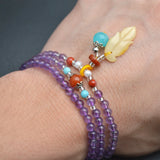 Natural Amethyst Round Beads Bracelet with Amber Charm