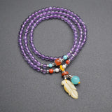 Natural Amethyst Round Beads Bracelet with Amber Charm