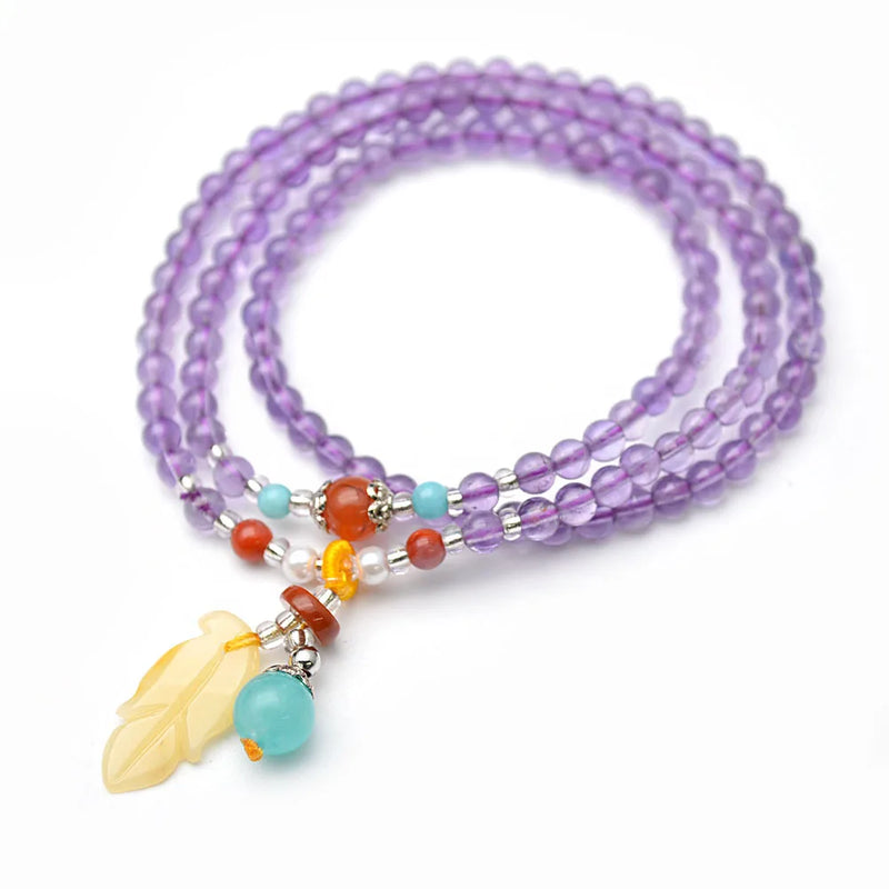 Natural Amethyst Round Beads Bracelet with Amber Charm