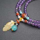 Natural Amethyst Round Beads Bracelet with Amber Charm
