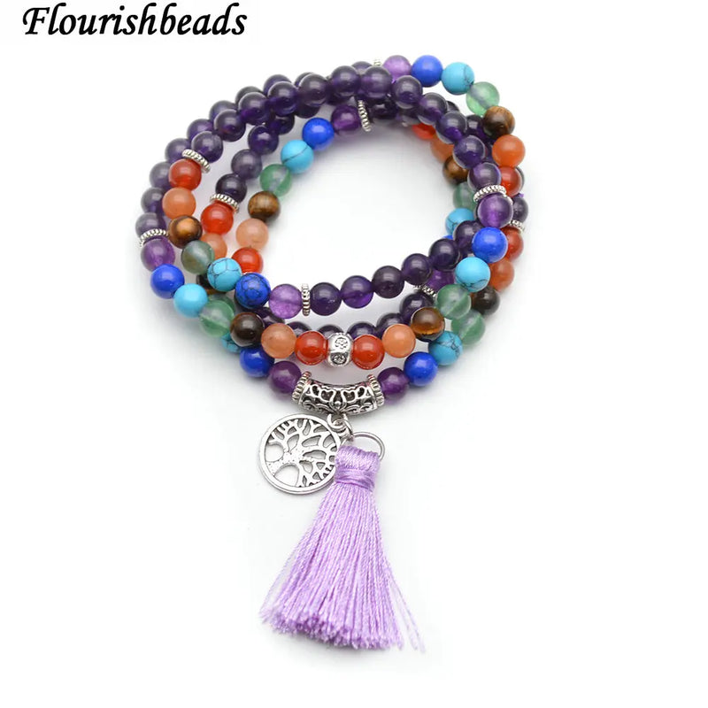 Rose Quartz Beads Bracelet with Life Tree Charm Tassel