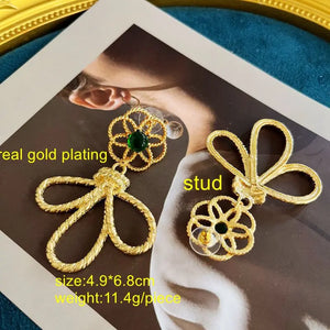 Antique Heart Flower Glass Enamel Statement Drop Earrings