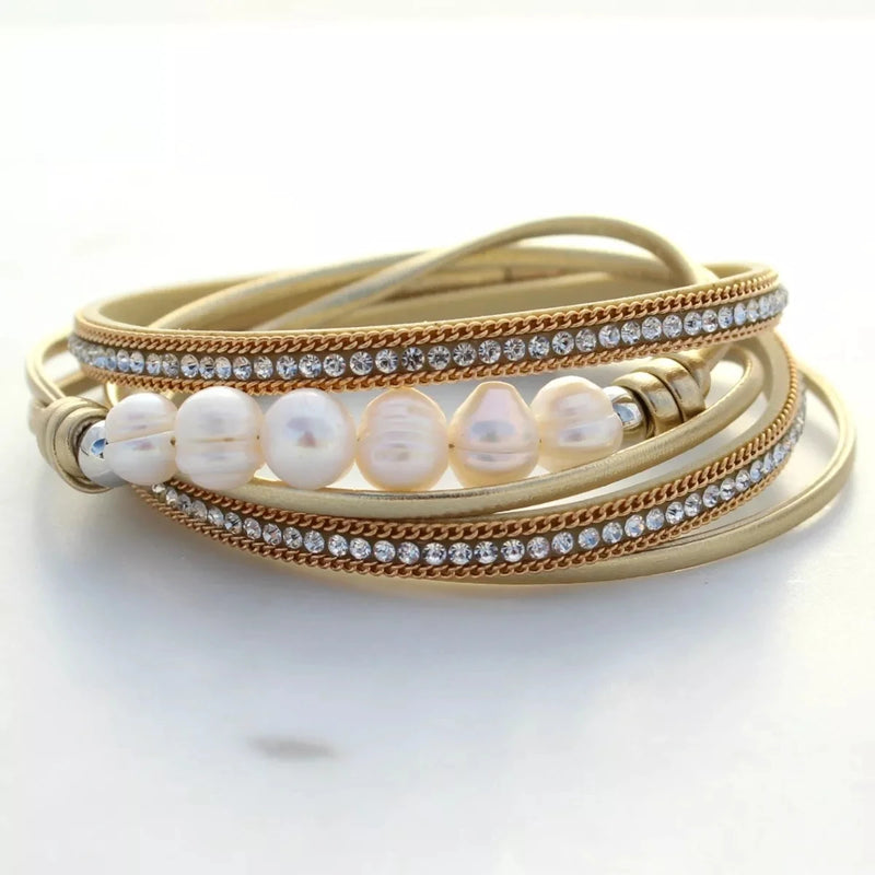 Rhinestone & Pearl Leather Bracelet Multi-layer Crystal Suede Magnet Clasp